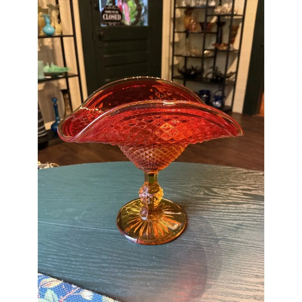 Vintage Jeannette Amberina Glass Pedestal‎ Candy Dish Diamond Point Red Orange